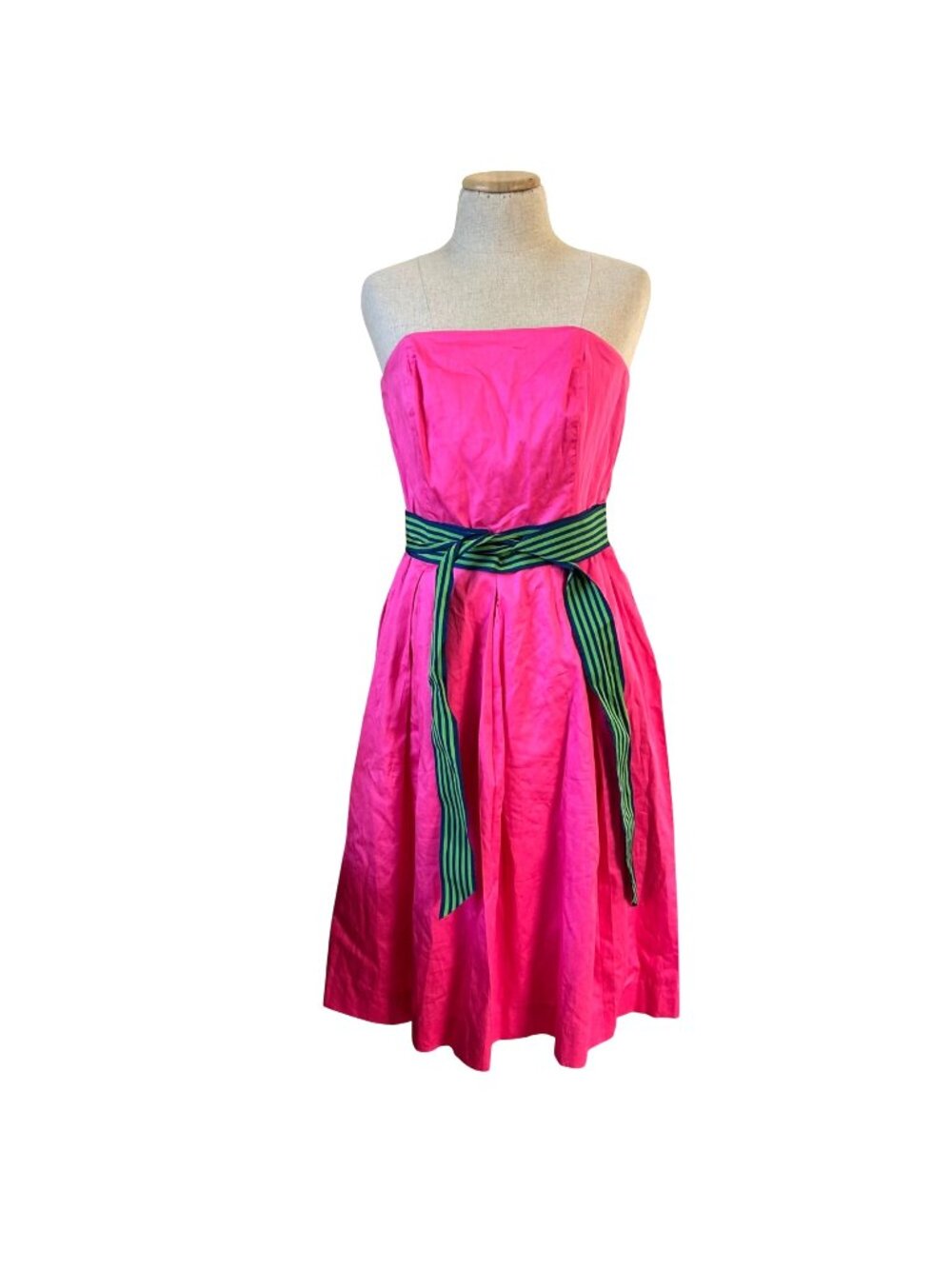 Lilly Pulitzer Womens Sz 4 Pink Strapless Dress /Green Striped Sash Mid-Length